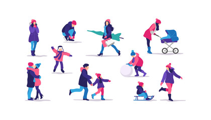 Fototapeta premium Winter time. Set of people strolling. Outdoor activities. Vector illustration.