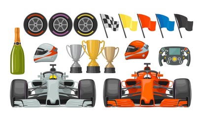 Set race flat icons. Helmet, champagne, cup, flag - 234745282