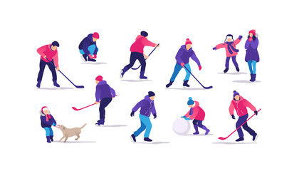 Winter time. People on the ice rink playing hockey and performing outdoor activities. Vector illustration.