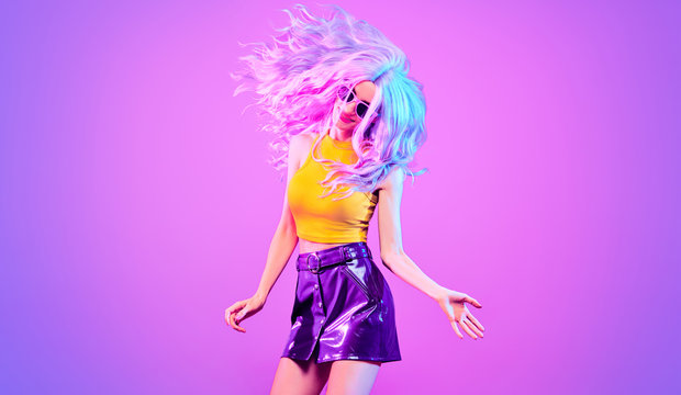 Fashion neon light. Party girl, Stylish hairstyle