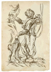 diver - an hand drawn illustration in vintage style