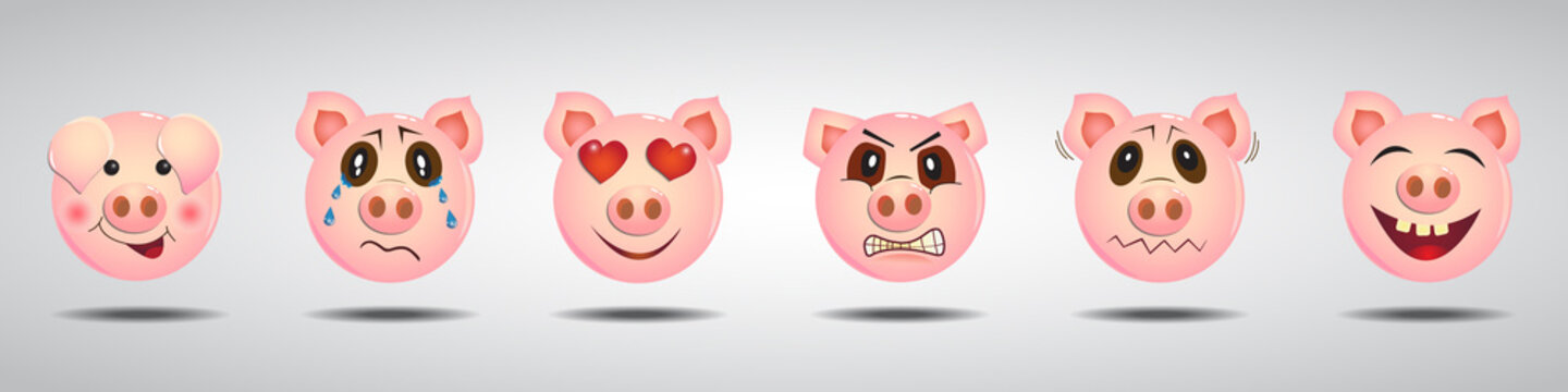 Set of funny pig characters in different emotions. Vector illustration