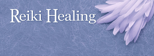 Angelic Reiki Healing Banner Head - a neat pile of long thin white feather in the right corner beside the words REIKI HEALING on a fibrous blue handmade  paper background with copy space
 - obrazy, fototapety, plakaty