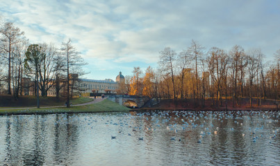 Beautiful autumn landscape with a Palace by the lake. Russia. Gatchina. Great Gatchina Palace.