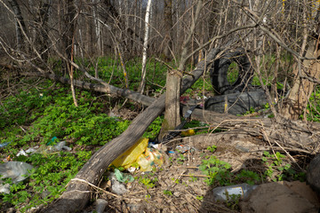 Garbage dump on the grass near the forest ecological disaster concept polluting nature and city park with litter and junk