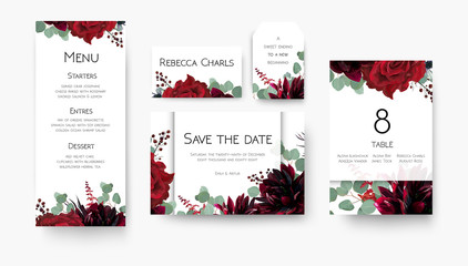 Wedding save the date, menu, label, table number, place cards floral design. Vintage vine Red rose flowers, burgundy dahlia, eucalyptus silver greenery branches & berries decoration. Bohemian chic set