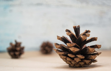  А pine brown cones lie on the table, on a blurred background.