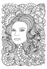 Page for coloring book. Beautiful woman and flowers.  Doodles in black and white