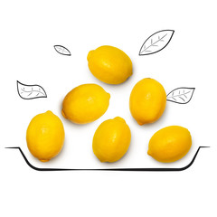 Fruit composition with fresh lemon and cartoon cute doodle drawing elements on isolated white background. Creative minimalistic food concept.