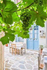 Grape vines hanging over cobbled street in Halki village, Naxos, Greece