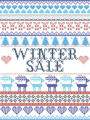 Seamless Christmas pattern Winter Sale inspired by Norwegian Christmas, festive winter  in cross stitch with reindeer, Christmas tree, heart, snowflakes, snow, gift in blue, red, gray  