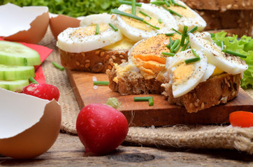 Detail of wholemeal bread with butter, hard-boiled eggs, fresh radishes, tomatoes, salad and cucumbers in background