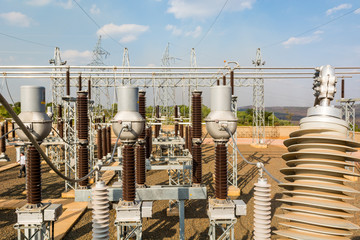 High voltage transformer modern substation electrical switchyard.