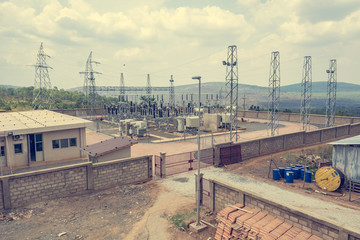 High voltage transformer modern substation electrical switchyard.