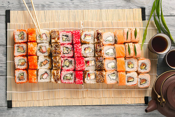 set of different sushi on the table.Top view