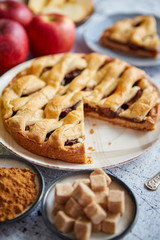 Obraz na płótnie Canvas Traditional baked apple pie cake served on ceramic plate. With fresh apples, cinnamon, brown sugar cubes, powder sugar in bowls.
