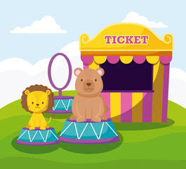 cute bear and lion with ticket sale tent