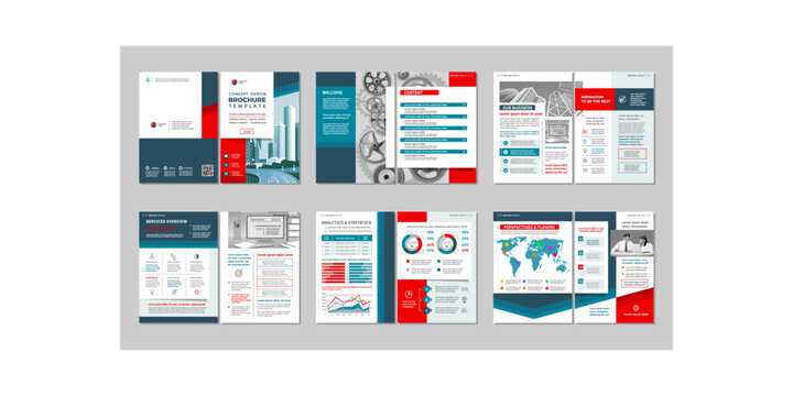 Brochure creative design. Multipurpose template with cover, back and inside pages. Trendy minimalist flat geometric design. Vertical a4 format.