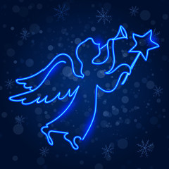 Angel. Neon light. Linear pattern on a snowy blue background with snowflakes. Vector image.