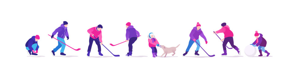 Fototapeta premium Winter time. People on the ice rink playing hockey. Outdoor activities. Vector illustration.