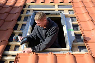 Branche Dachdecker: freudig Dachfenster der Marke 