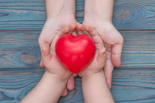 adult and child hands holding red heart, health care, insurance and family concept, world heart day