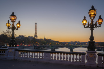 Fototapeta premium Paris, France - 11 18 2018: panoramic view of Paris and the Eiffel Tower from the Alexander III bridge with floor lamp at sunset