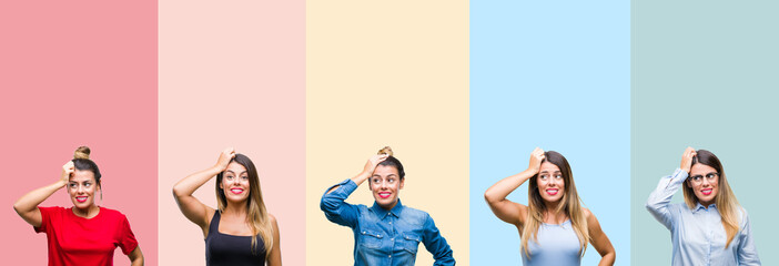 Collage of young beautiful woman over colorful stripes isolated background confuse and wonder about question. Uncertain with doubt, thinking with hand on head. Pensive concept.