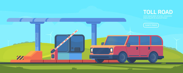 Checkpoint on the toll road. Booth with boom barrier Web banner. Vector flat illustration.