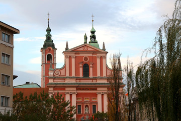 Fototapeta na wymiar Franciscan Church of the Annunciation in central Ljubljana, Slovenia.