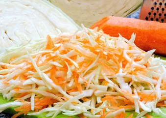 Raw chopped cabbage and shabby carrot, salad ingredients, raw vegetables