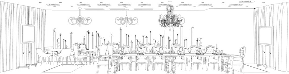 restaurant, 3D illustration, sketch, outline