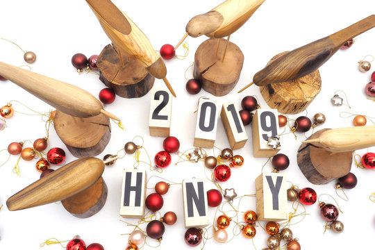 New year decoration with wooden birds.view from the top, floor plan.