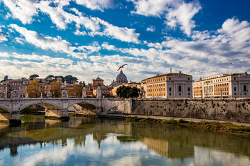 view of the Vittorio Emanuele II Bridge at sunset, with the Tiber, in Rome, Italy