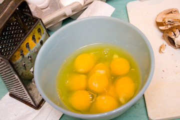 Bowel of freshly cracked eggs ready to be scrambled for breakfast. Clitherall Minnesota MN USA