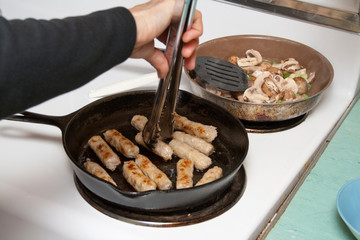 A couple of breakfast skillets filled with sausage mushrooms and scallions. Clitherall Minnesota MN...