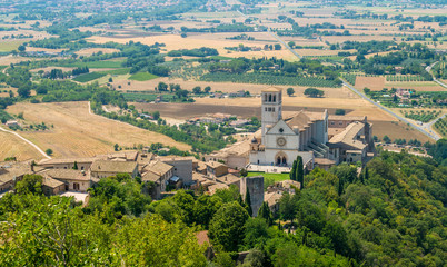 Fototapeta na wymiar Panoramic view from the Rocca Maggiore, with the Saint Francis Basilica. Assisi, Umbria, Italy.