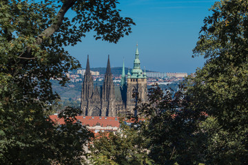 Vsita da cidade de Praga na República Tcheca em meio a silhueta de árvores