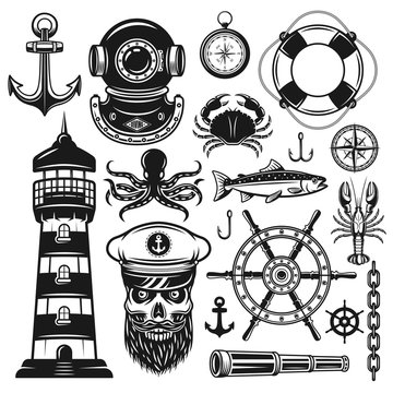 Nautical set of vector objects and design elements
