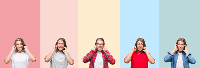 Collage of young handsome man over colorful stripes isolated background covering ears with fingers with annoyed expression for the noise of loud music. Deaf concept.