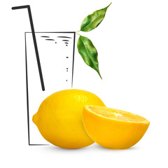 Fruit composition with fresh lemon and cartoon cute doodle drawing elements on isolated white...