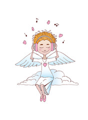 Angel in headphones listening to music. Valentine's Day greeting card.