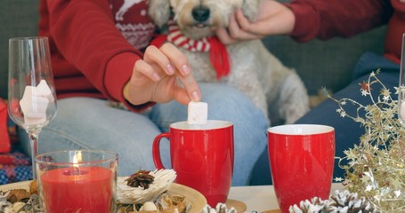 Woman's hand taking out marshmallow from cup of hot chocolate