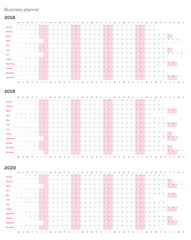 Business planner calendar vector template for 2018 2019 2020 years