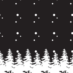 Seamless vector monochrome pattern with silhouettes of pine tree and snow. 