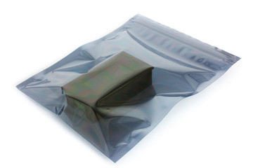 ESD bag with a product on white, an antistatic plastic bag used for electronic devices professional packing
