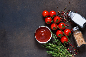 Tomato sauce with thyme, chili pepper and paprika on a dark background.