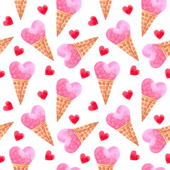 seamless watercolor pattern for Valentine's day with ice creams. ideal for packaging paper, fabric, backgrounds, Wallpaper
