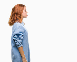 Young beautiful woman over isolated background wearing winter sweater looking to side, relax profile pose with natural face with confident smile.