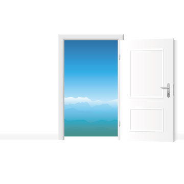 Open white door with mountain view. Bright white room with access to fresh and pure air. Vector illustration.